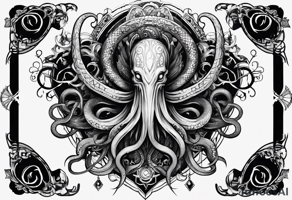 Long tattoo for forearm. Lovecraftian creature, with technological elements. Tentacles protect a heart. tattoo idea