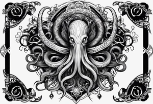 Long tattoo for forearm. Lovecraftian creature, with technological elements. Tentacles protect a heart. tattoo idea