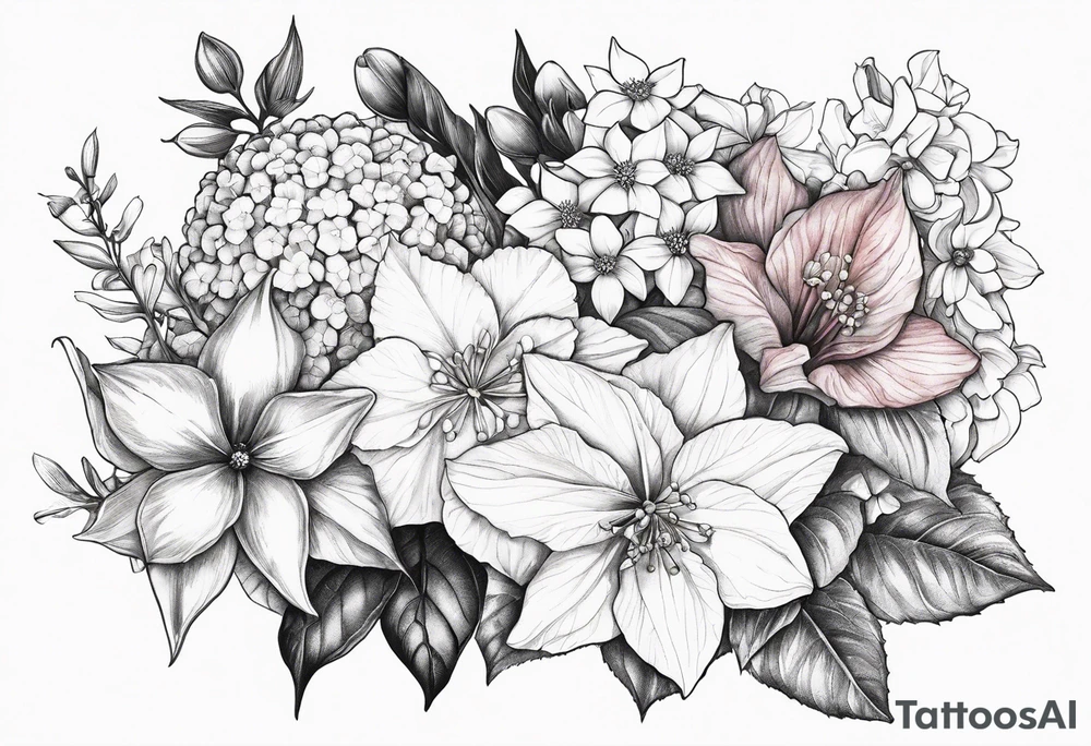 Hydrangea, Narcissus, Poinsettia, Holly, Gladiolus, Poppy, Daisy, Sweet Pea floral bouquet tattoo idea