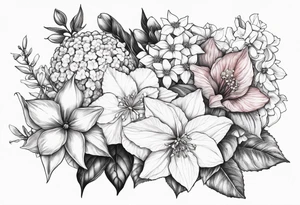 Hydrangea, Narcissus, Poinsettia, Holly, Gladiolus, Poppy, Daisy, Sweet Pea floral bouquet tattoo idea