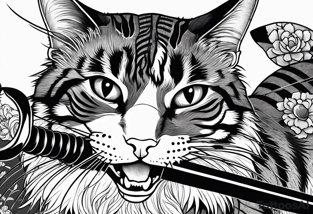 female samuari cat with katana tattoo idea