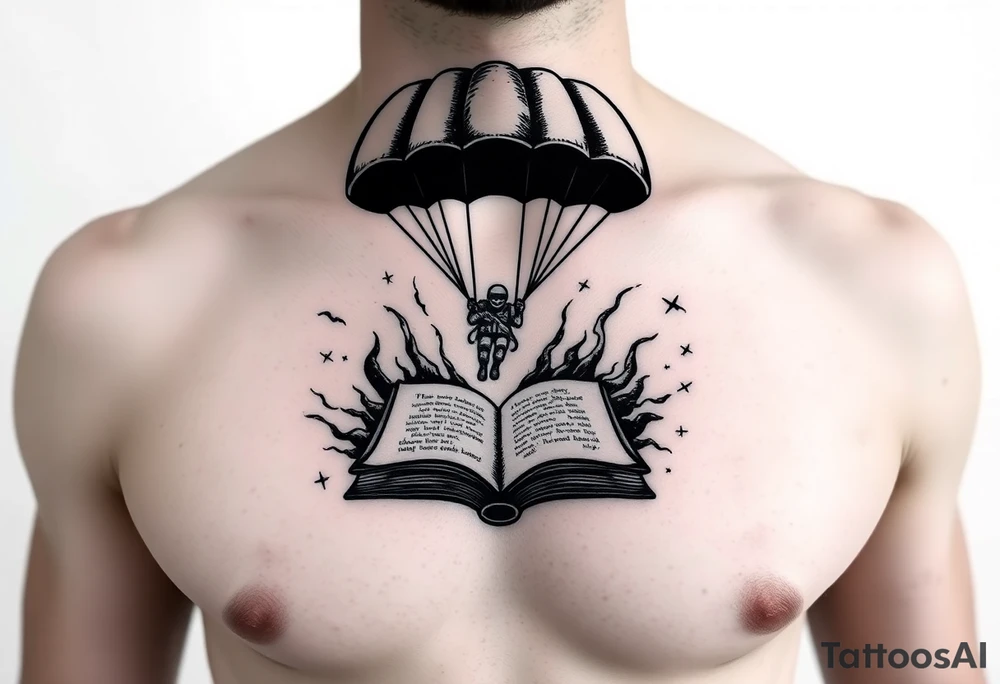 A parachuting soldier landing into an open book. Chaos surrounding, but a sense of security inside the book. On the chest. book contains a quote. Make it smaller tattoo idea