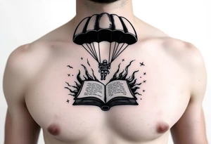 A parachuting soldier landing into an open book. Chaos surrounding, but a sense of security inside the book. On the chest. book contains a quote. Make it smaller tattoo idea