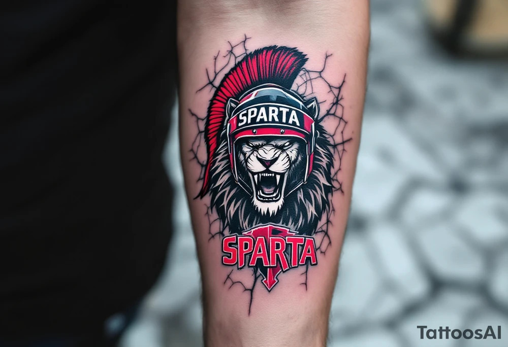 A roaring lion wearing a Sparta hockey helmet above the red Sparta logo on a cracked ice background. tattoo idea