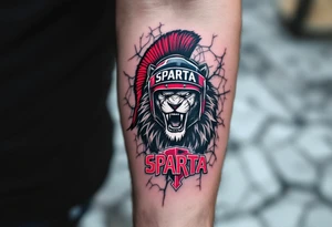 A roaring lion wearing a Sparta hockey helmet above the red Sparta logo on a cracked ice background. tattoo idea