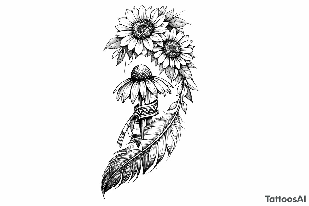 cascading sunflowers 1 coneflower wrapped in simple Native American ribbon on top of a feather tattoo idea