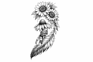 cascading sunflowers 1 coneflower wrapped in simple Native American ribbon on top of a feather tattoo idea