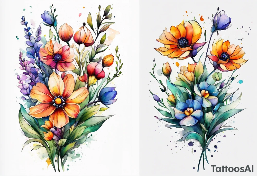 wild flowers long stems bouquet all watercolor tattoo idea