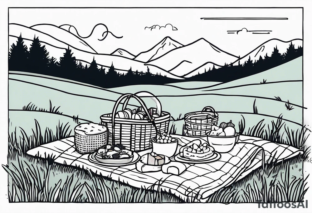picnic scene on a meadow, with a sheckers blanket, basket, pillows and party pennants. No food and no people. Thin lines. tattoo idea