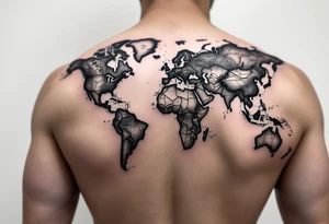 Design a full-back tattoo in a hyper-realistic style, featuring a geographical map as the central background, intricately detailed with continents, oceans, and subtle tattoo idea