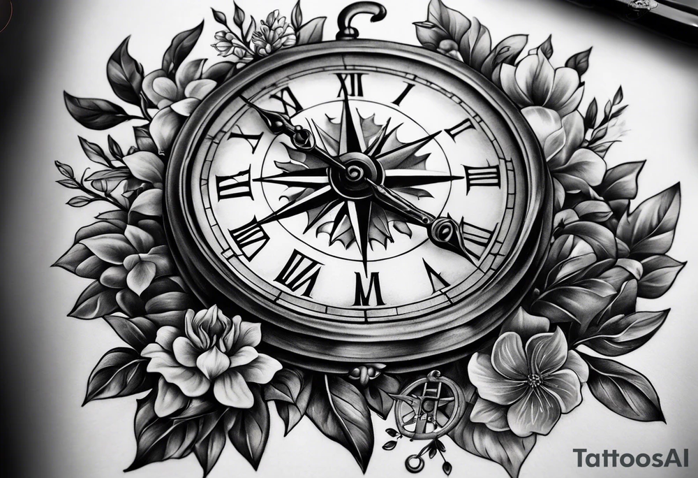 black and grey composition of four elements, 1) old school pocket watch in pieces 2) nautical compass in pieces, 3) a tree of life and 4) a doctor bird, connected together by lignum vitae flowers, on the arm 3/4 sleeve black and grey tattoo idea