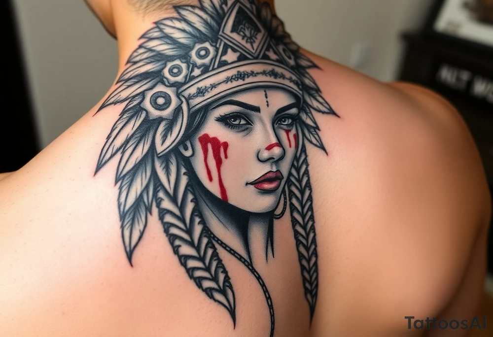 Beautiful Woman with battle scars and blood on face wearing bear headdress tattoo idea