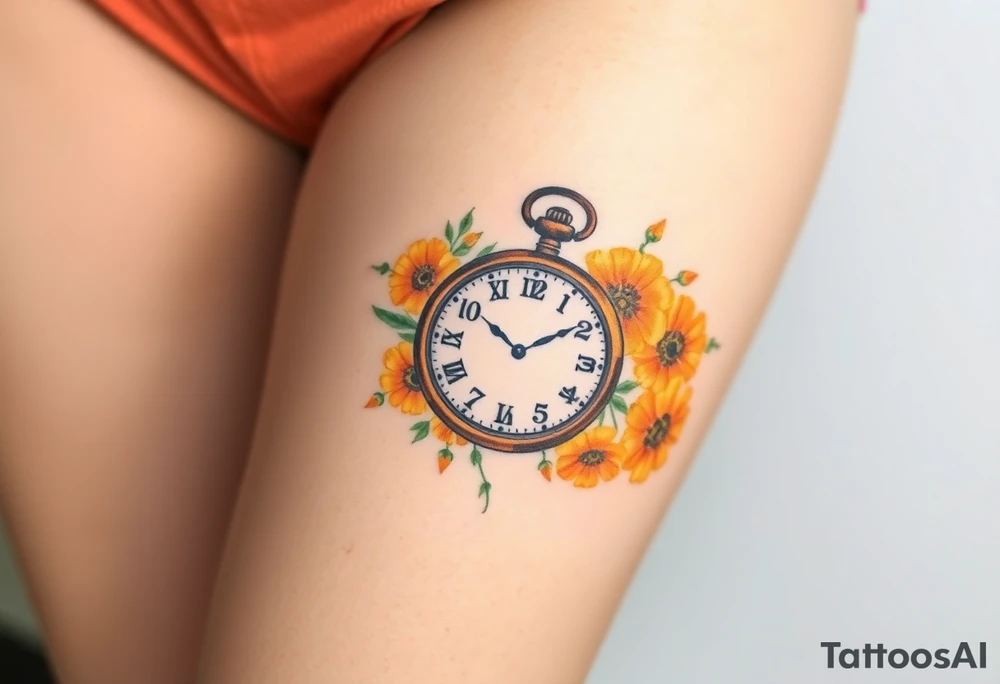 Beautiful pocket watch surrounded by orange and yellow marigolds tattoo idea
