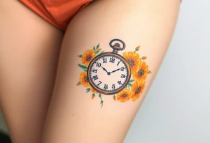 Beautiful pocket watch surrounded by orange and yellow marigolds tattoo idea