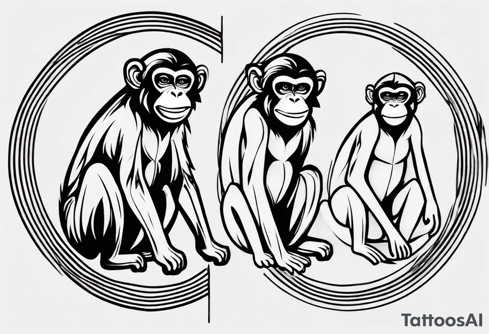 Create an abstract happy monkey body icon shape on a small disconnected circle where the monkey is just a shape no face tattoo idea