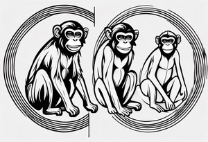 Create an abstract happy monkey body icon shape on a small disconnected circle where the monkey is just a shape no face tattoo idea