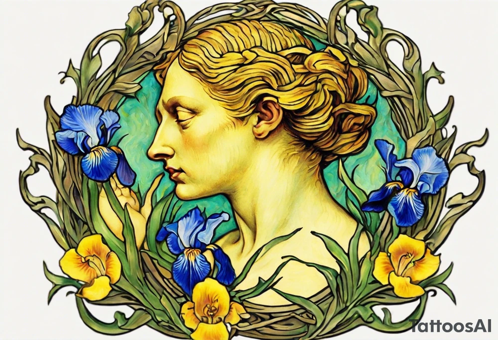 Create a colorful Vincent van Gogh Irises tattoo with an ancient Greek female statue in the middle. The tattoo should take the form of a crescent, with vines gracefully intertwining at a central point in the middle of the wreath.  The intended placement is on the upper chest. The overall design should be small in size while maintaining a delicate and artistic aesthetic. Pay attention to the graceful flow of the vines and the placement of the irises to achieve a refined and elegant look. tattoo idea