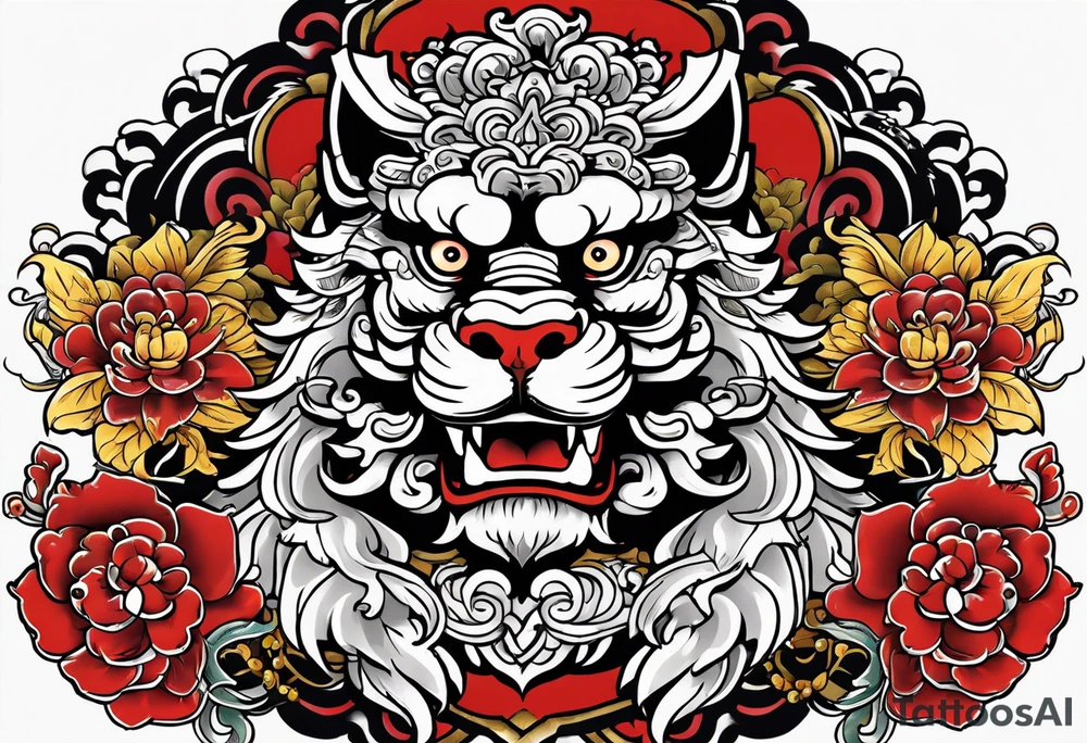 Pair of Okinawa shisa on chest. 1980s Yakuza style. Simple tattoo idea