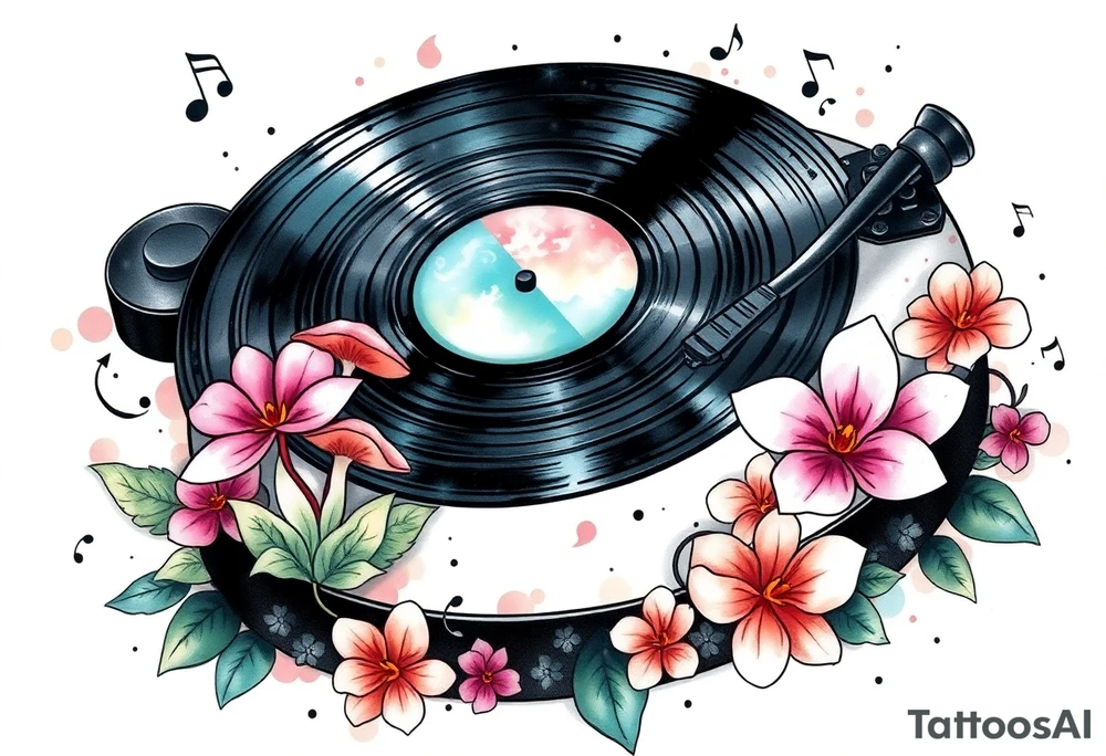 vinyl record player with mushrooms, orchids, and music notes around it tattoo idea