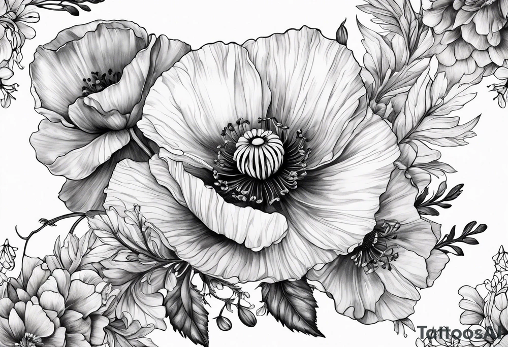 Poppy and larkspur tattoo idea