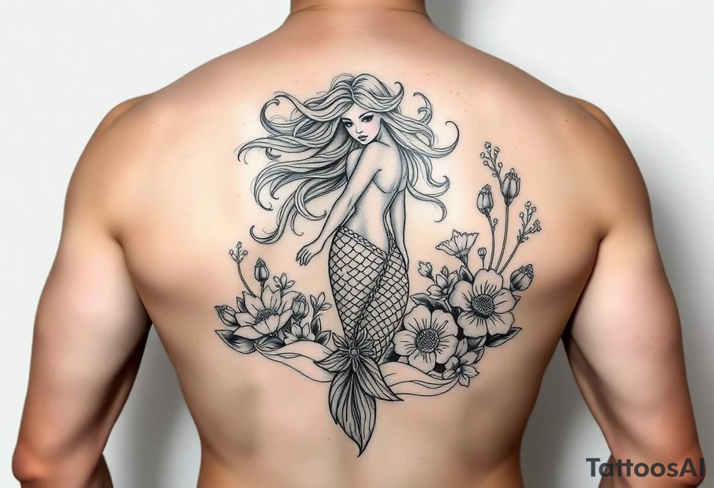 ethereal mermaid with flowing hair among coral and sea flowers tattoo idea