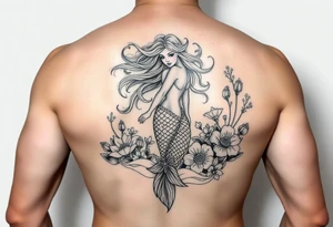 ethereal mermaid with flowing hair among coral and sea flowers tattoo idea