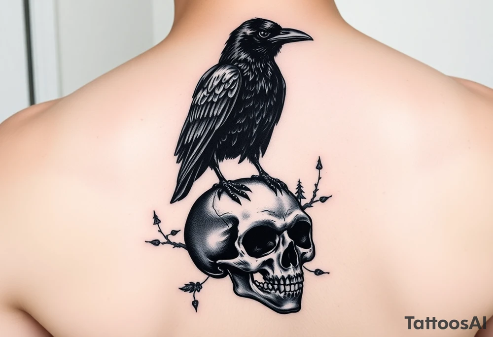 a raven stands on a skull, a forest in the background. tattoo idea