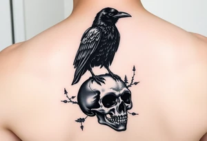 a raven stands on a skull, a forest in the background. tattoo idea