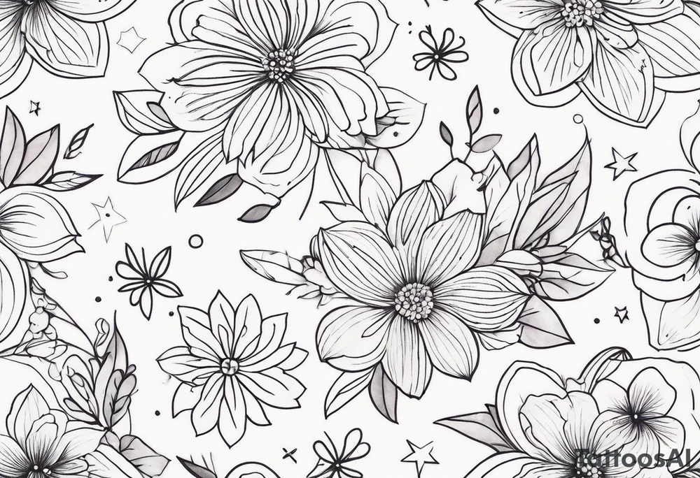 fine line floral with stars, swirls, dots tattoo idea