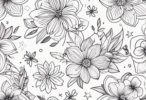 fine line floral with stars, swirls, dots tattoo idea