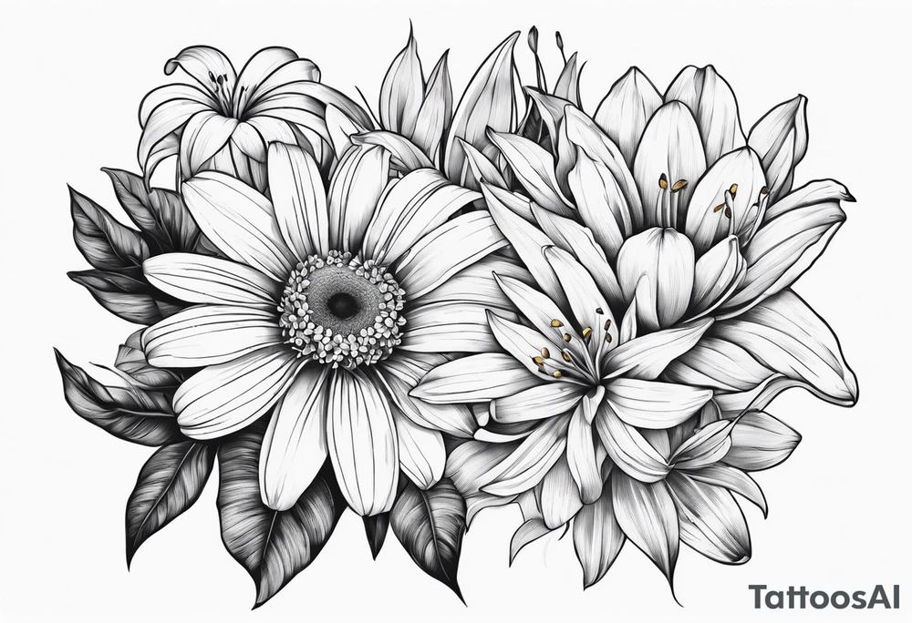 Large daisy flower and lily flower no stem few leaves around them tattoo idea