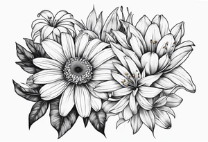 Large daisy flower and lily flower no stem few leaves around them tattoo idea