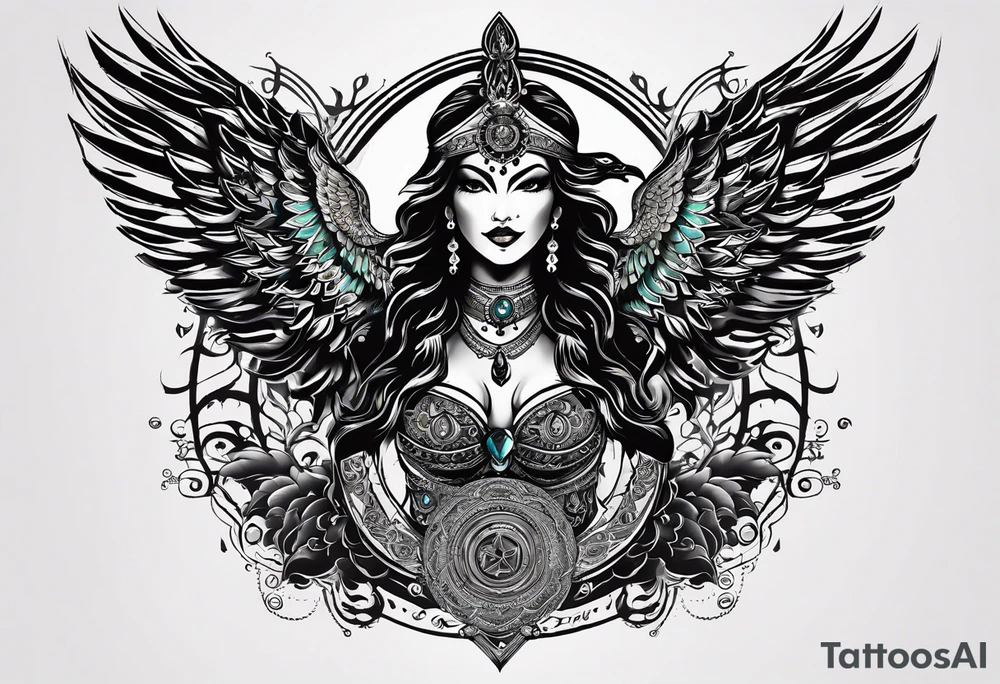 black kali, goddess pirate, alien, angel, pachamama, valkrye, warrior, flying, skull, lotus azul, wing, eagle, zenza resonance, stars, 5D, anahata chakra, death, durga, riding on a tiger, flying lady tattoo idea
