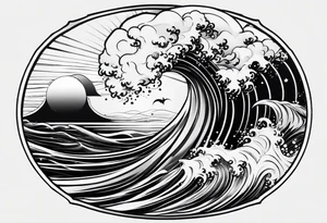 Simple ocean wave inside of a square with sun inside as well tattoo idea