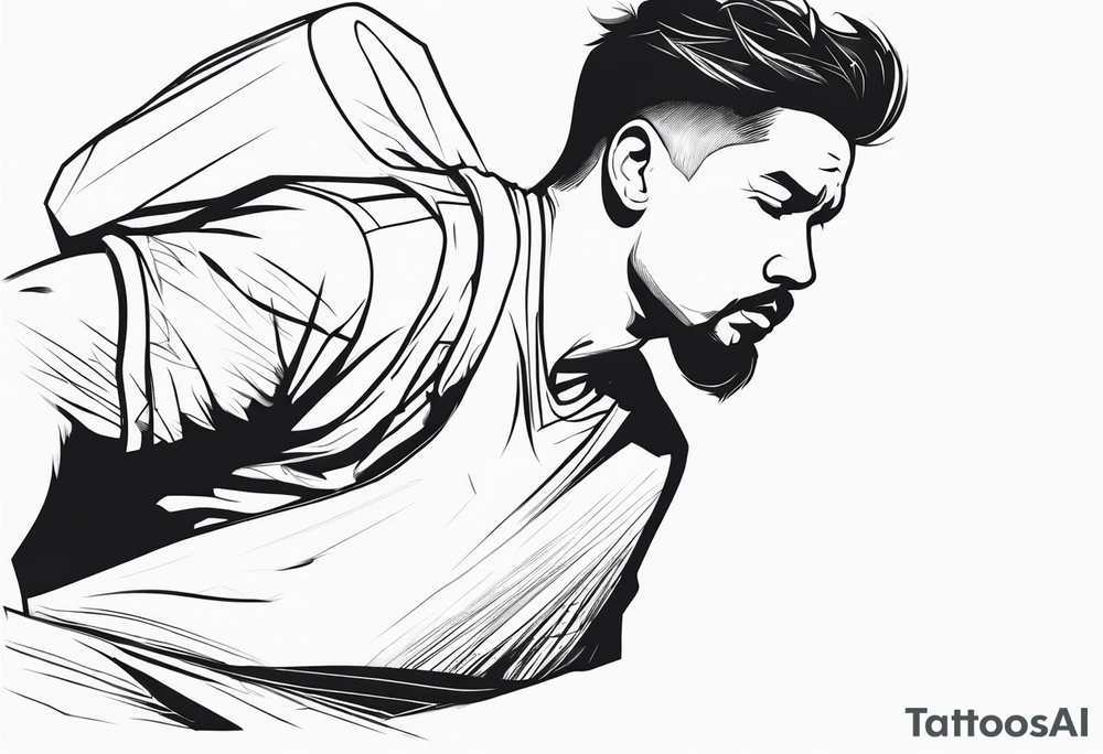 side view of crouched man holding shield tattoo idea