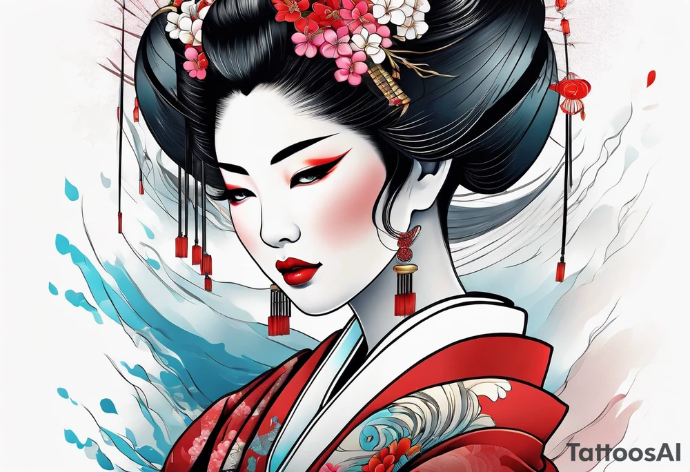 geisha girl that is also a Japanese waterfall tattoo idea