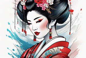 geisha girl that is also a Japanese waterfall tattoo idea