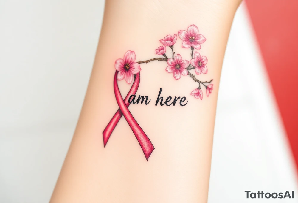 I am here pink ribbon Japanese cherry blossom tattoo idea