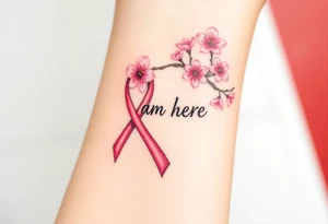 I am here pink ribbon Japanese cherry blossom tattoo idea