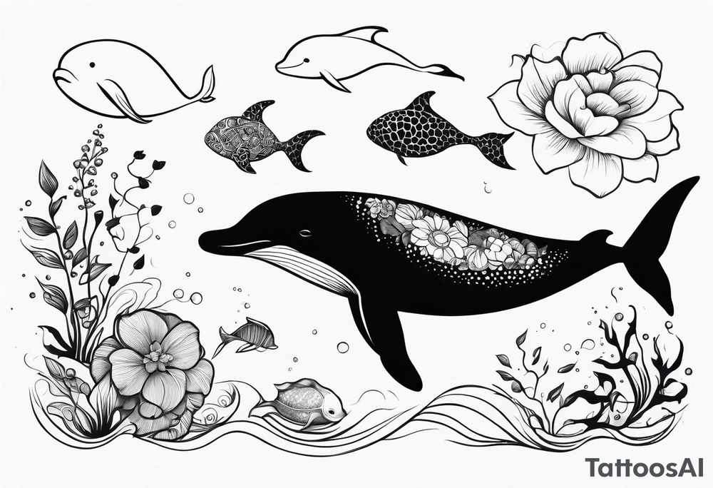 floral leg sleeve with stingray, dolphin, turtle,whale,fish, manatee tattoo idea