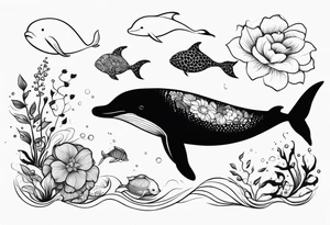 floral leg sleeve with stingray, dolphin, turtle,whale,fish, manatee tattoo idea