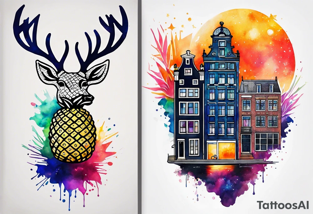watercolour tattoo, stag in shape of pineapple, Amsterdam, Amsterdam buildings, Amsterdam canal, space colours, galaxy colours, pineapples tattoo idea