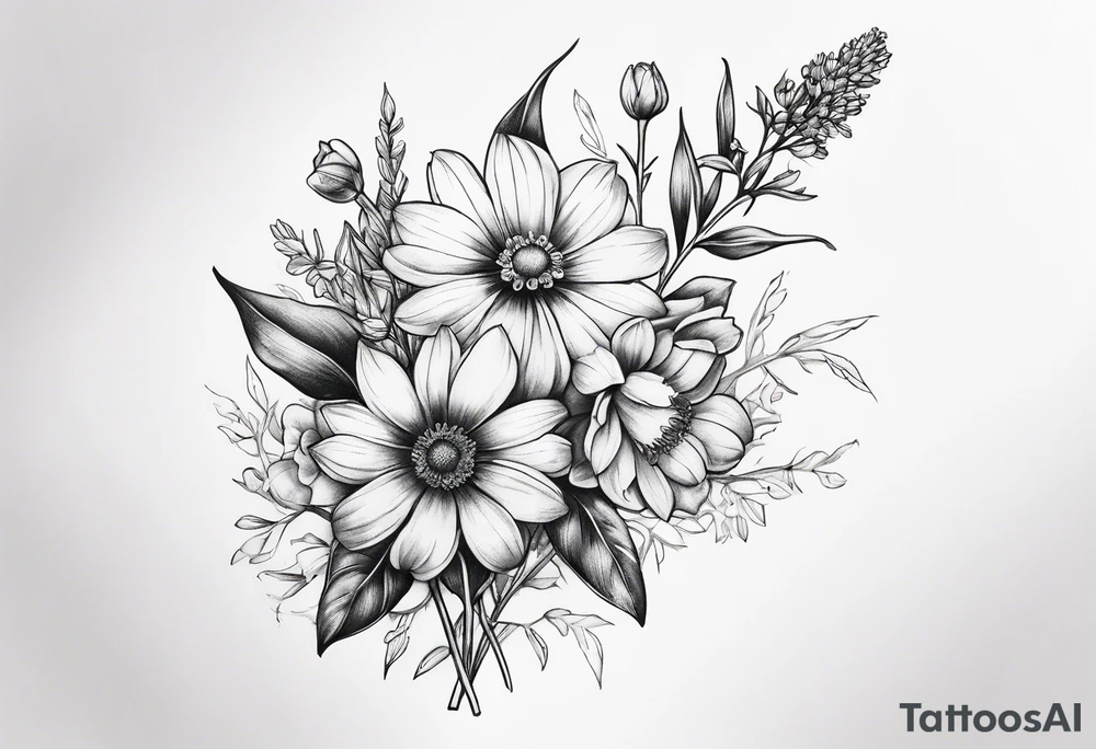 small long stem wildflower bouquet across fott tattoo idea