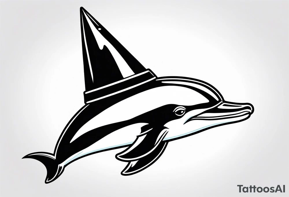One dolphin wearing one party hat on top . Side view. Dolphin should be smiling. tattoo idea