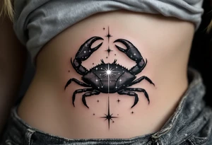 A monochrome Cancer crab is shaded in black and gray beneath astrological star constellation stars glowing in white ink. tattoo idea