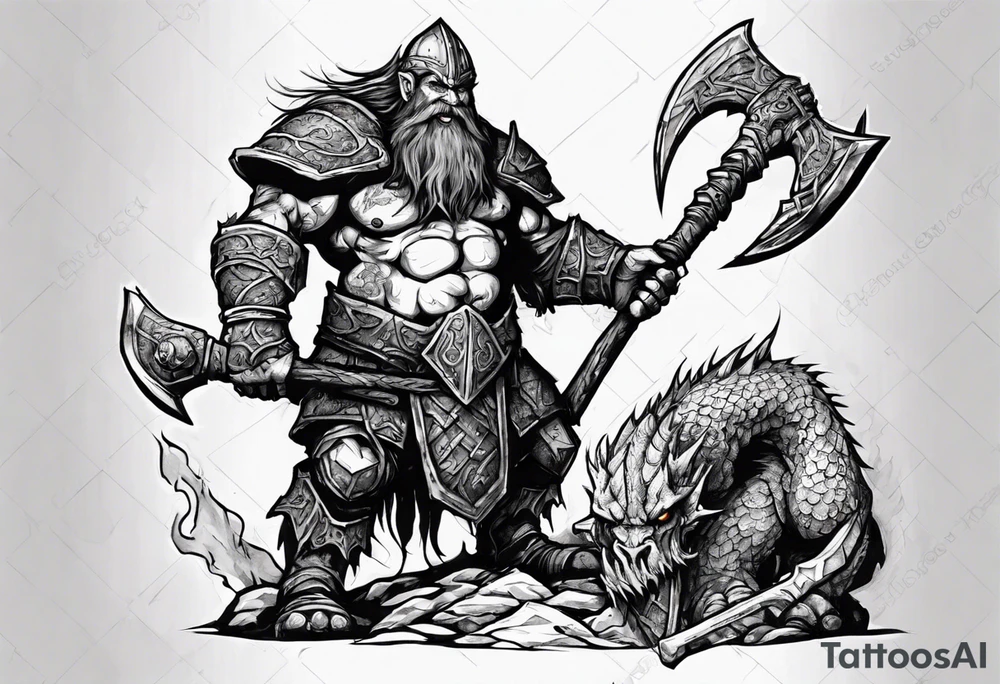 dwarven warrior with a war axe fighting against a dragon in the pit of hell tattoo idea