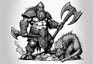 dwarven warrior with a war axe fighting against a dragon in the pit of hell tattoo idea