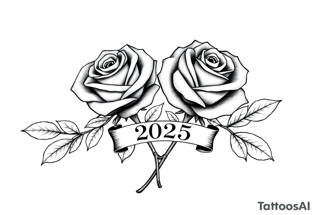 two beautiful large rose buds, one larger than the other, with many leaves next to the rose buds, with one sitting higher than the other. Include a banner connecting the two roses with the year "2025" on it.   Use dark outlines with little shading. The two stems should be short, not long, and connect and join into one stem, whimsically curved or twisted - not straight down. tattoo idea