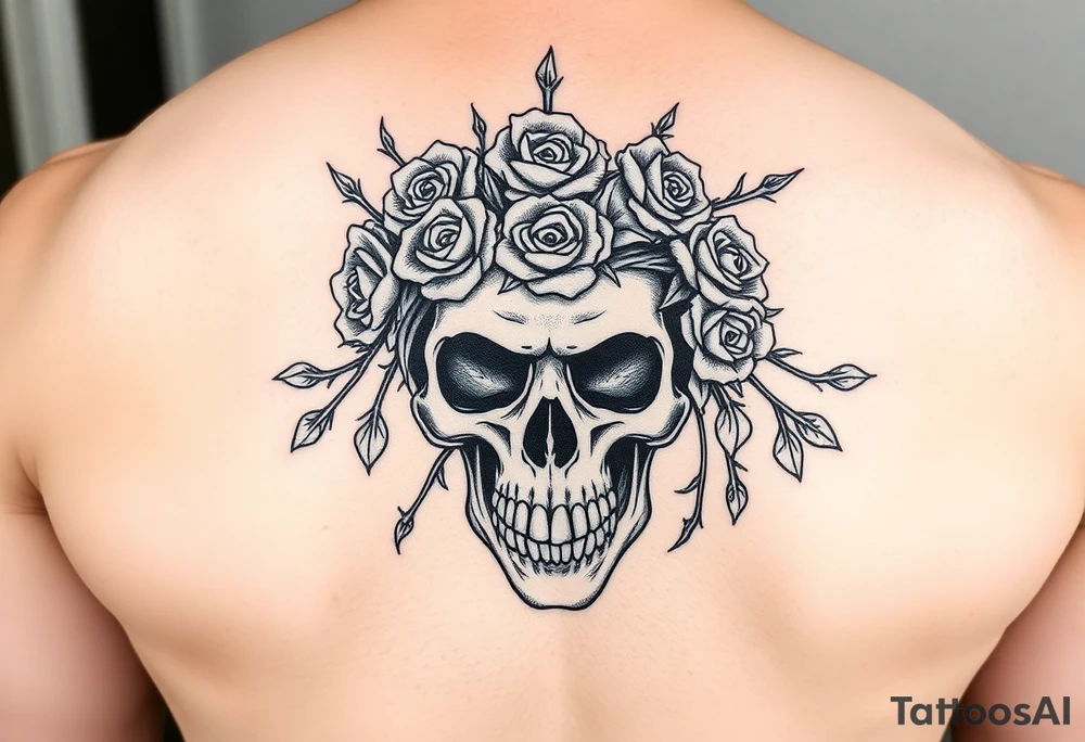 ornate skull adorned with crown of wild roses and thorns tattoo idea