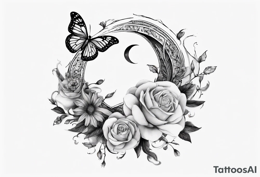 Butterfly wrap tattoos with large centre piece with moon and floral theme. Bracelet around ankle show on higher ankle tattoo idea